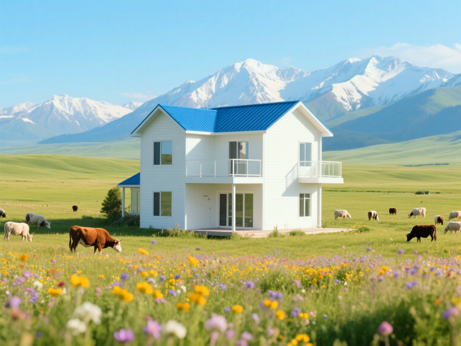 搭建在新疆的一棟二層的白色外墻的輕鋼別墅 搭建在新疆的一棟二層的白色外墻的輕鋼別墅